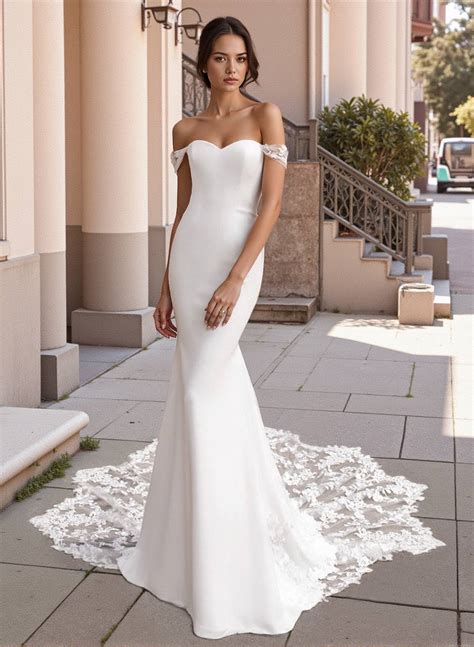 Trumpet/Mermaid Off The Shoulder Satin Lace Chapel Train Wedding Dresses With Lace - Missacc ...