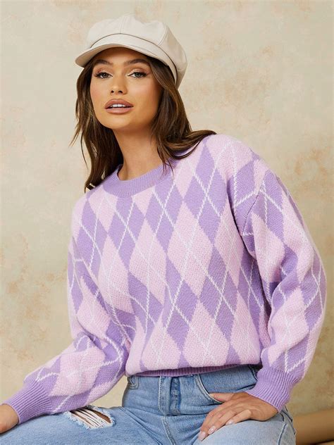 Buy Styli Women Argyle Pattern Regular Fit Sweater - Sweaters for Women ...
