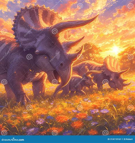 Triceratops Family, Featuring The Iconic Three-horned Herbivores In A ...