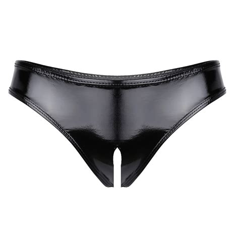 Womens Lingerie Crotchless Panties Wet Look Patent Leather Open Crotch ...