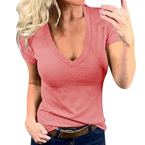 WTXUE T-Shirts Short Sleeve, Deep V-Neck Shirts for Women's Deep V Neck ...