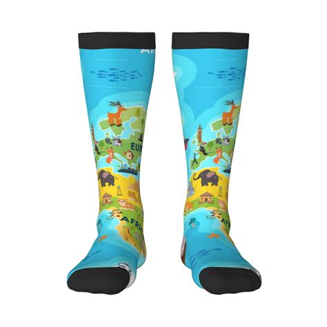 Pofeuu World Map With Animals Landmarks Print Stockings, Adult Running Hiking Socks for Youth ...