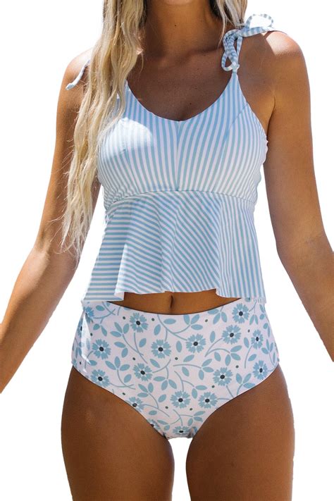 Beachsissi Women's Bathing Suit Tie Shoulder Stripe Print Cute Tankini ...