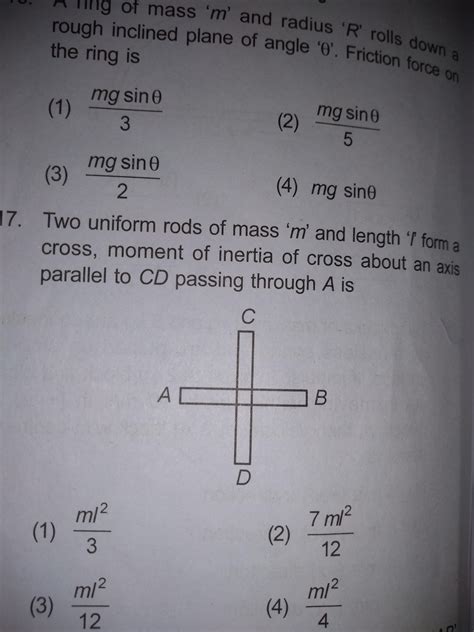 Two uniform rods of mass m and length l form a cross moment of inertia ...