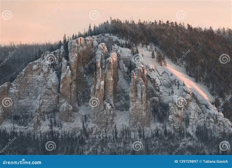 Lena Pillars at Sunset on the Frozen Lena River in the Natural Park ...