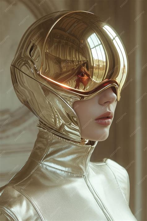 Woman in reflective gold helmet looking at her own reflection in mirror ...