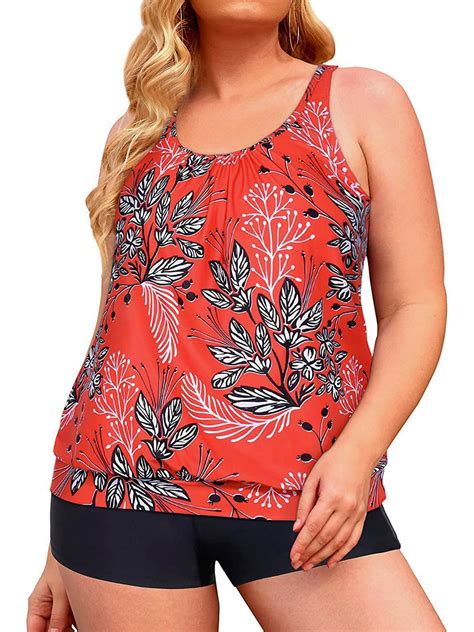Plus Size Women's Blouson Tankini Swimwear Set with Boyshorts Two Piece ...