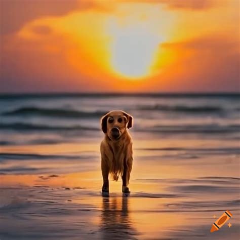 Golden retriever on the beach at sunset