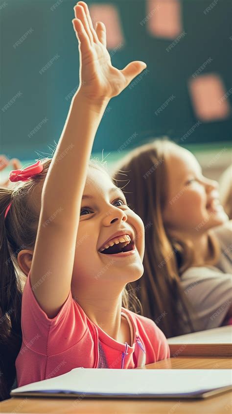 Premium Photo | Happy girl student raising hand in classroom
