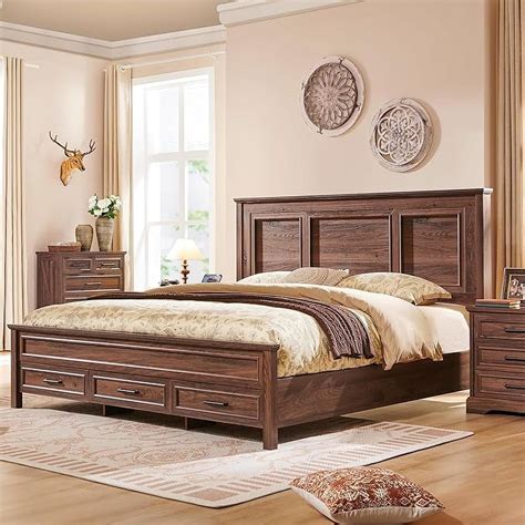 ACCOHOHO Rustic King Size Bed Frame with 52" Tall Full-Panel Headboard ...