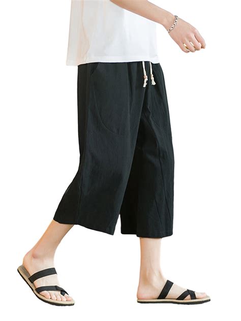 Biekopu Men's Linen Capri Pants Casual Drawstring Yoga Pants Baggy ...