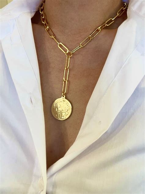 Gold Paperclip Chain Necklace: Coin Medallion Y Lariat - Etsy | Gold ...