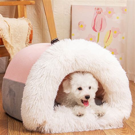 Cozy Semi-Enclosed Dog Bed with Handle - Plush Self-Warming Pet House ...