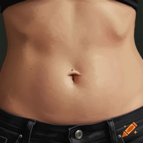 Close-up digital painting of a human stomach with a protruding outie belly button, wearing black ...