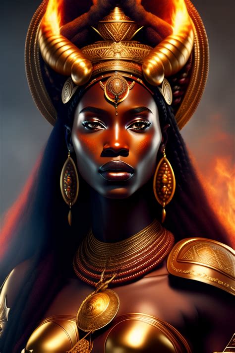 Lexica - Beautiful African woman goddess of war, background with fire and stone woman wearing ...