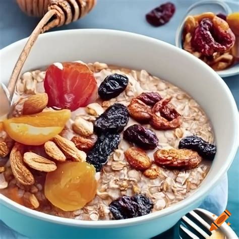 Oatmeal with honey, dried fruit, and nuts on Craiyon