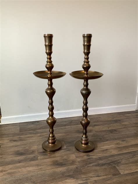 Large Etched Brass Floor Candle Holders W/candles 36 - Etsy