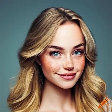 Portrait of a pretty young woman with freckles and wavy blonde hair on ...