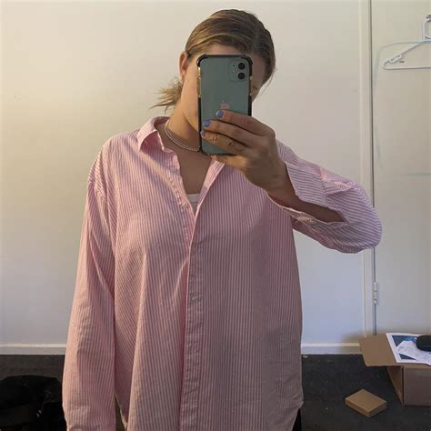 Oversized pink stripe shirt, super comfy worn once.... - Depop
