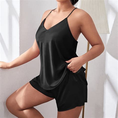 Nexjvus Womens Summer Black Silk Sexy Pajamas Sets Plus Size Camisole ...