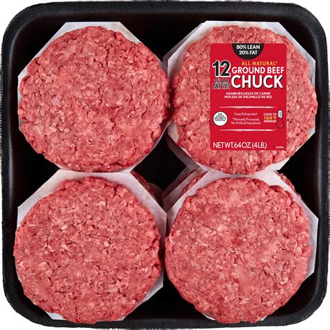 All Natural* 80% Lean/20% Fat Ground Beef Chuck Patties, 12 Count, 4 lb ...