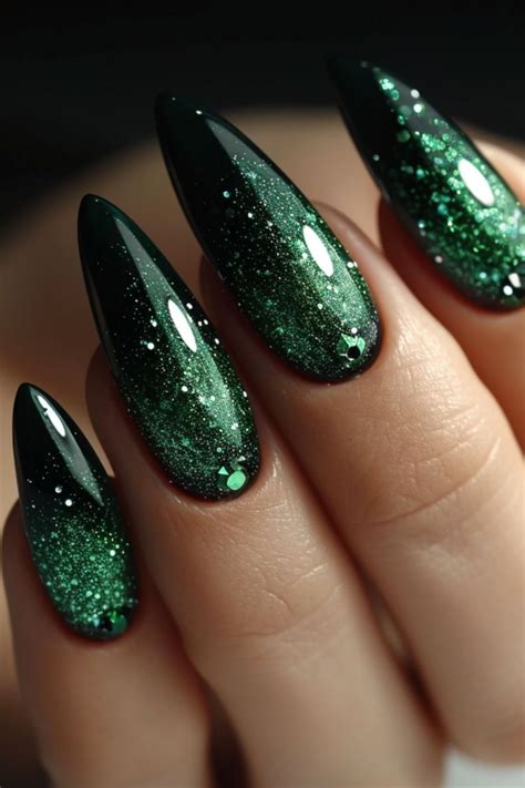 Long Almond Green French Color Block Fake Nail Design 2024 | Emerald ...
