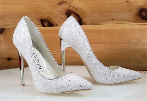Mac J White Silver Glitter Pointy Toe Pump - 4.75" High Heel Shoes