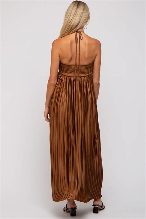Brown Pleated Halter Maternity Maxi Dress – PinkBlush