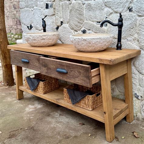 Rustic Oak Double Bathroom Vanity With Sink, Farmhouse Sink Vanity ...