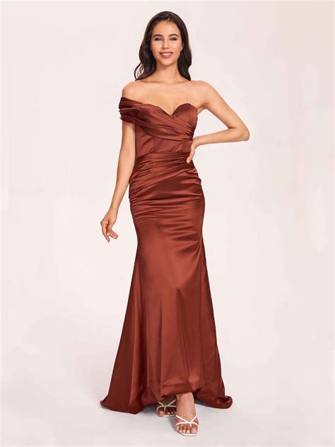 Satin One-shoulder Pleats Floor Length Mermaid Long Bridesmaid Dresses ...