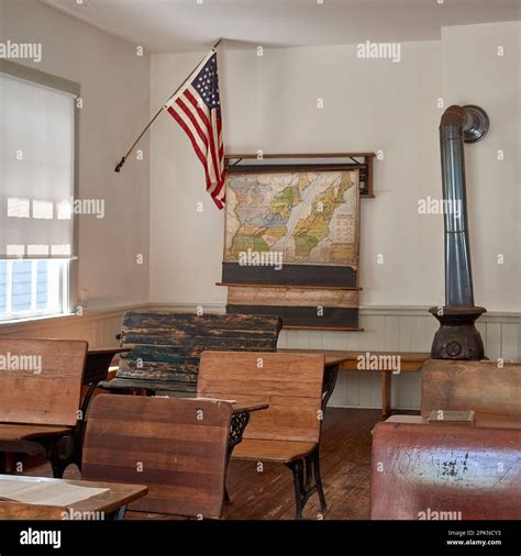 Interior view of a restored antique, one room schoolhouse, showing wall ...