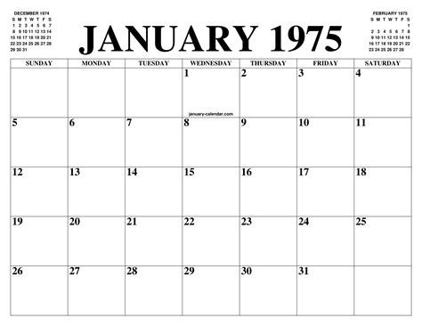 JANUARY 1975 CALENDAR OF THE MONTH: FREE PRINTABLE JANUARY CALENDAR OF ...