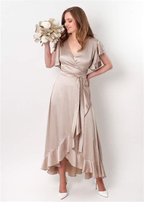 Champagne beige silk satin long wrap dress silk dress wrap dress bridesmaid dress wedding guest ...