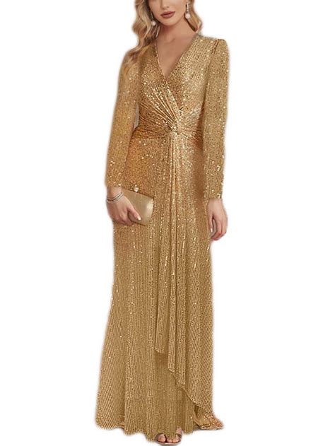 meilun Gold Long Sleeve Sequin Dress for Women Formal Evening Gowns ...