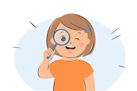 Curious kid girl look in magnifying glass. Smart child using magnifier ...