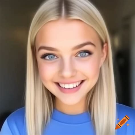 Young woman with blonde hair and grey-blue eyes smiling in blue t-shirt ...