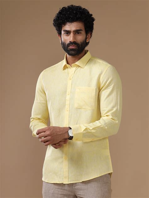 Men Pure Linen Shirt Light Yellow - L5