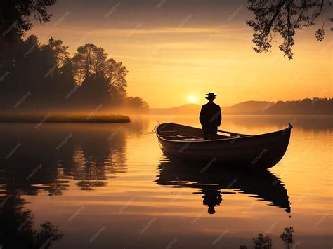 Premium AI Image | Man on the boat Lake Silhouette image Free for use