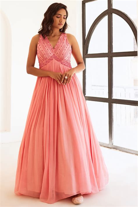 Peachish Pink Georgette & Silk Embellished Anarkali Set by SONAL ...