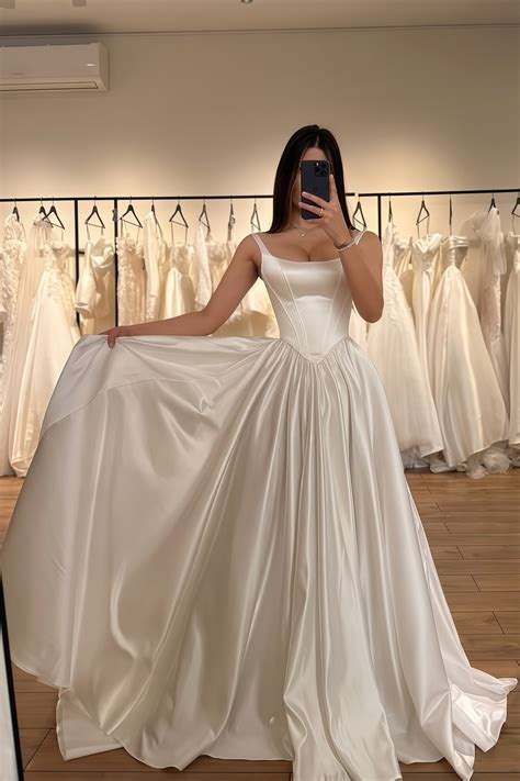 Ivory A-line Satin Wedding Dresses, Square Neck Bridal Gown,AST1785 – Asteria