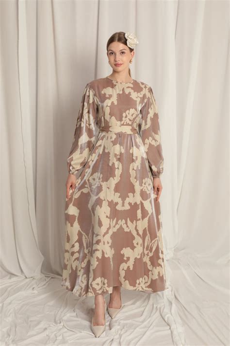 Shiny Large Pattern Fabric Women's Beige Dress
