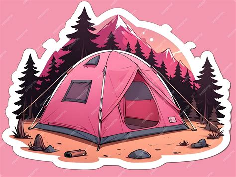 Premium PSD | Cartoon pink camping tent sticker with white contour isolated