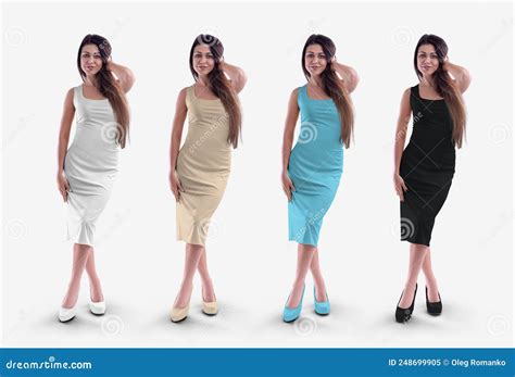 Template of a Tight White, Black, Blue, Nude Medium Length Dress, Women`s Clothing on a Girl in ...