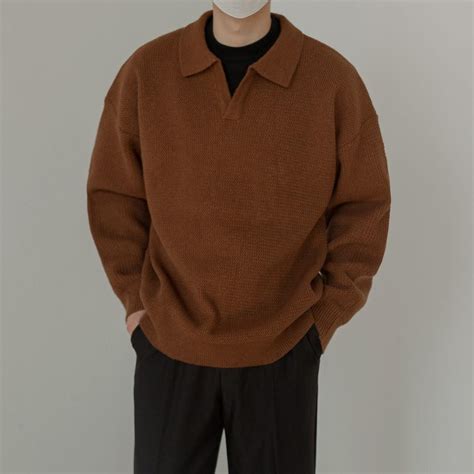 Zhou Casual Long Sleeve Knitted Polo - XL / BROWN | Sweater outfits men ...
