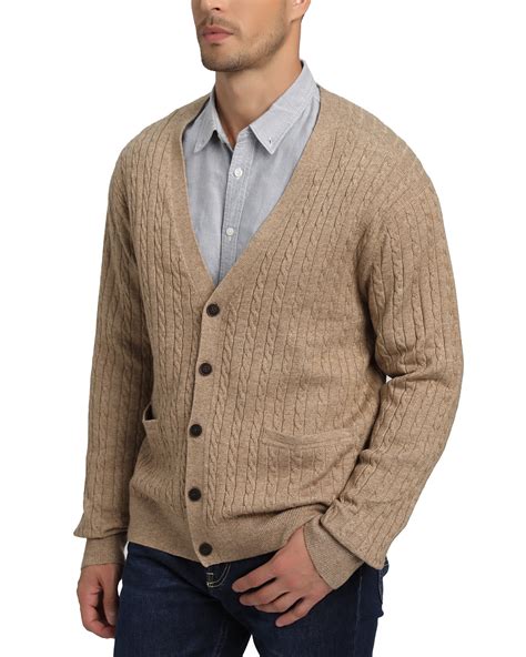 Kallspin Men's Wool Blend V-Neck Cable-Knit Cardigans Sweaters(Coffee ...