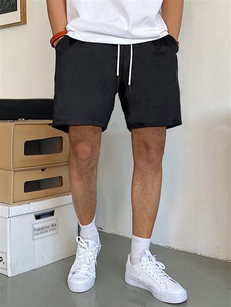 Men Slant Pockets Drawstring Waist Shorts | Mens shorts outfits, Black ...