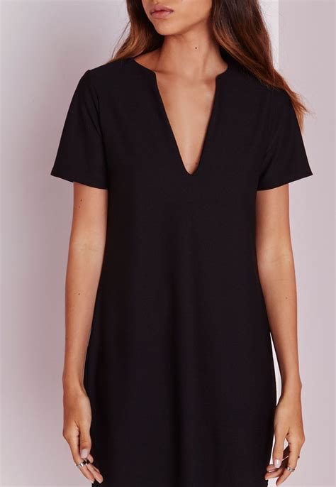 Missguided - Deep V Plunge Shift Dress Black | Shift dress black, Shift ...