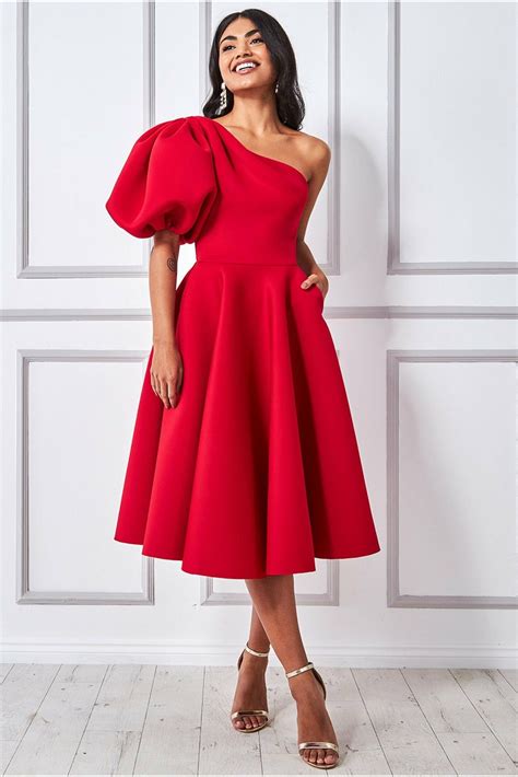 Goddiva Puffy One Shoulder Midi Dress - Red - Red / 16 | Red occasion ...
