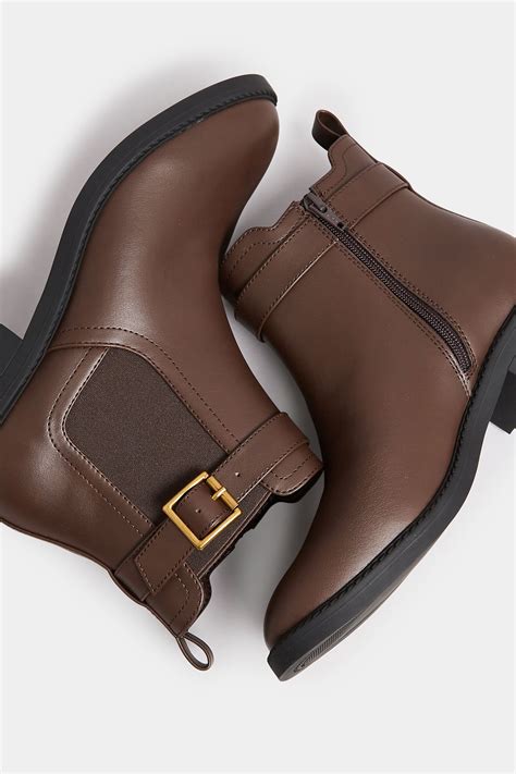 Brown Buckle Faux Leather Ankle Boots In Wide E Fit & Extra Wide EEE ...