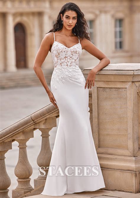 Sheath/Column Satin Wedding Dress V Neck Sweep Train with Appliques ...